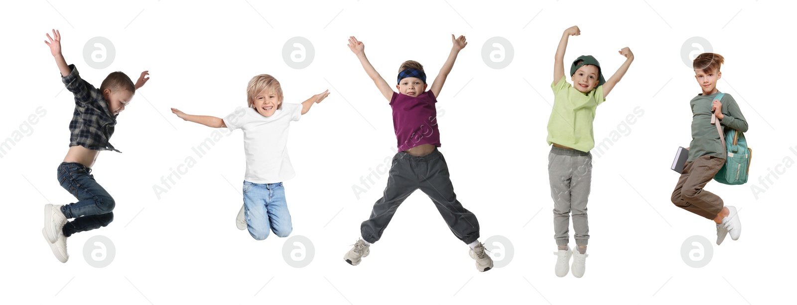 Image of Children jumping against white background. Group of little boys