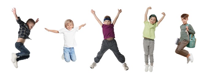Image of Children jumping against white background. Group of little boys