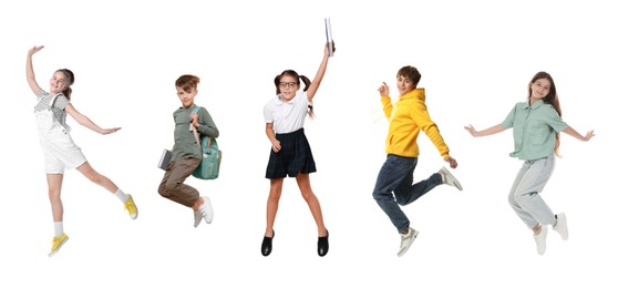 Image of Children jumping against white background. Group of girls and boys