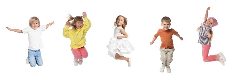 Image of Children jumping against white background. Group of little girls and boys