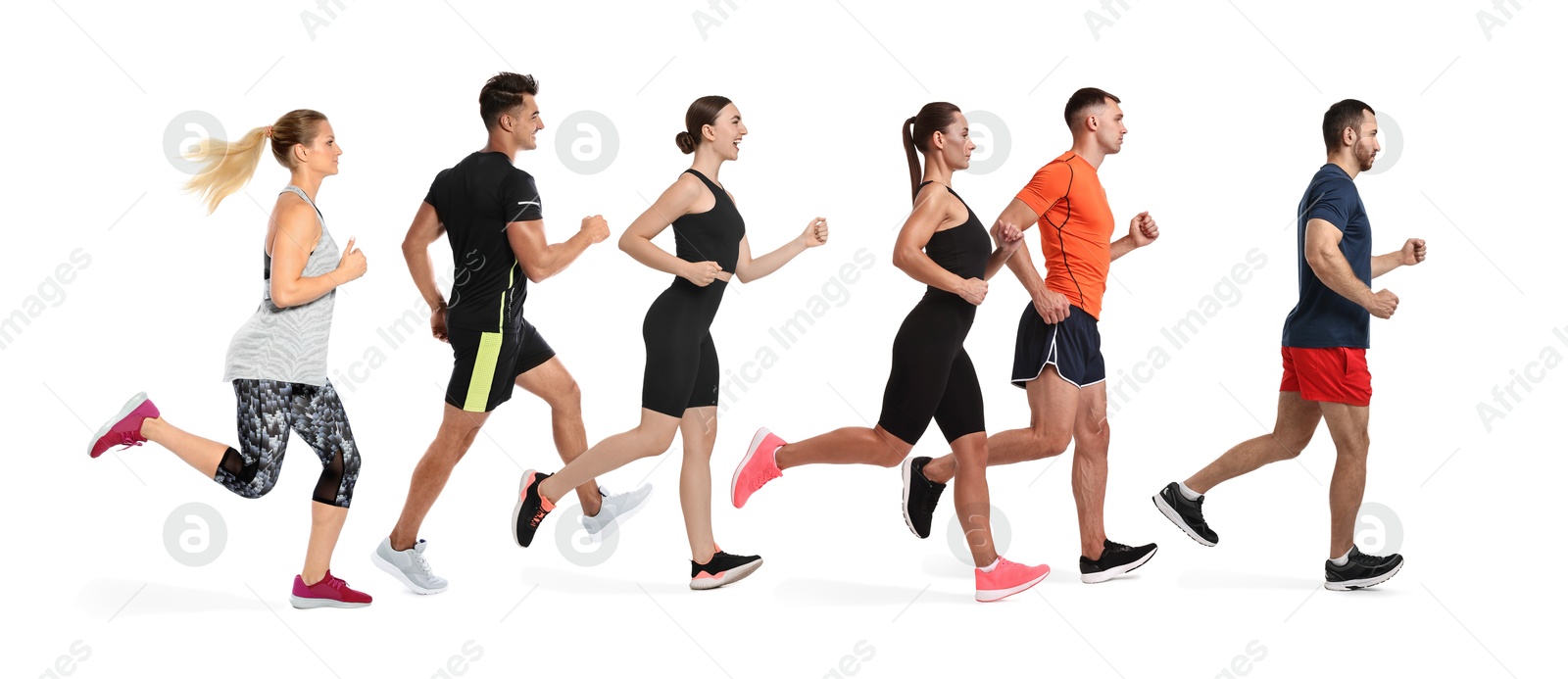 Image of Sporty men and women running on white background, side view