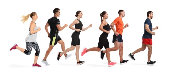 Image of Sporty men and women running on white background, side view