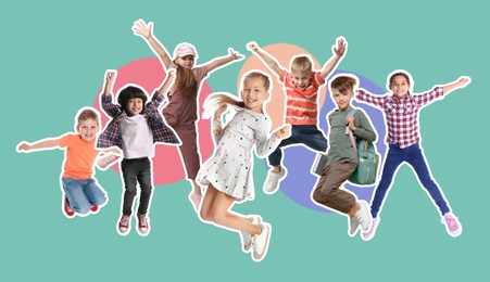 Image of Children jumping against turquoise background. Group of girls and boys