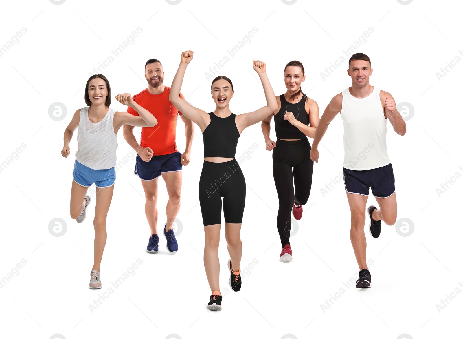 Image of Sporty men and women running on white background