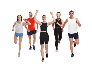 Image of Sporty men and women running on white background