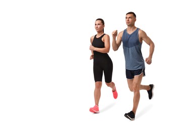 Image of Sporty man and woman running on white background
