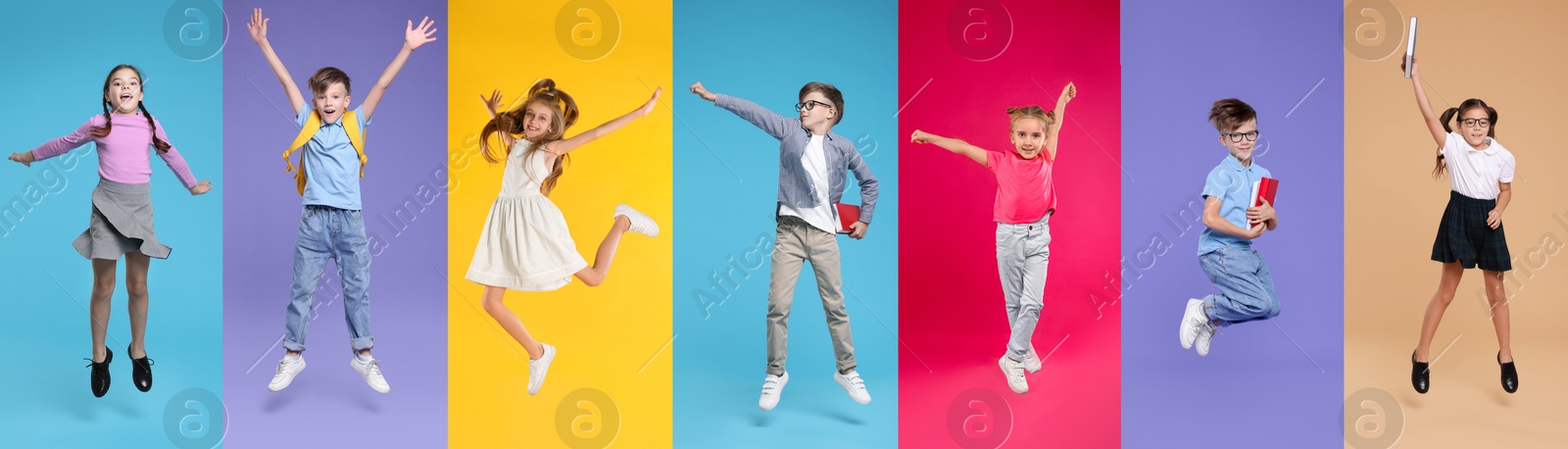 Image of Funny children jumping against colorful backgrounds. Group of girls and boys