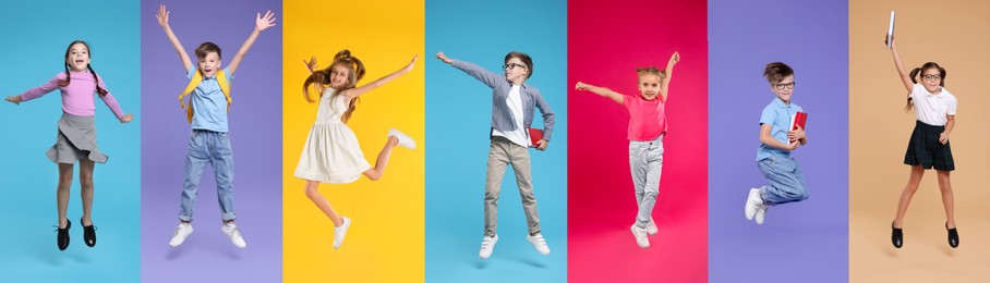 Image of Funny children jumping against colorful backgrounds. Group of girls and boys