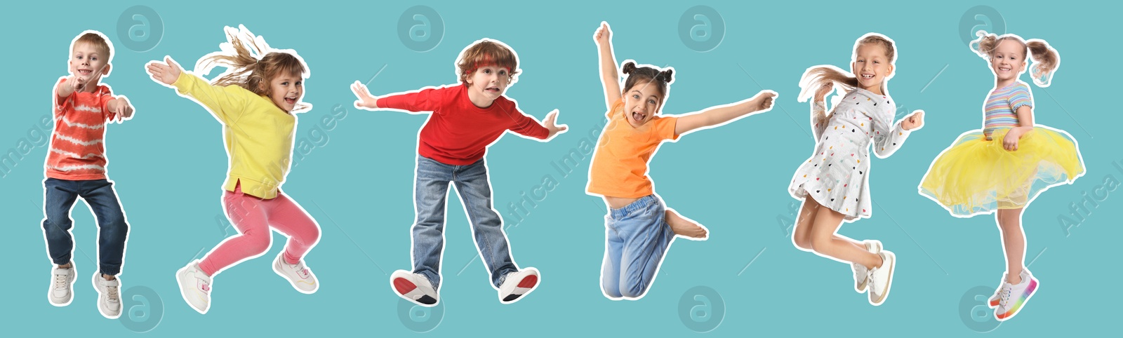 Image of Children jumping against turquoise background. Group of girls and boys