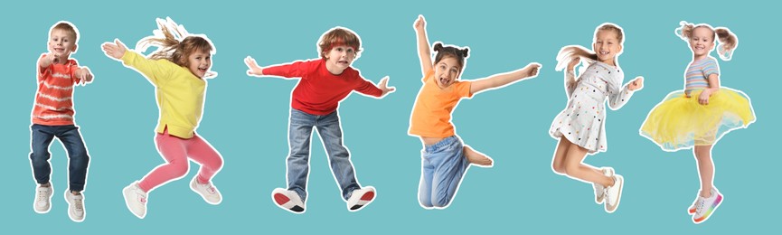 Image of Children jumping against turquoise background. Group of girls and boys