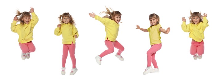 Image of Funny little girl jumping against white background. Collage of photos