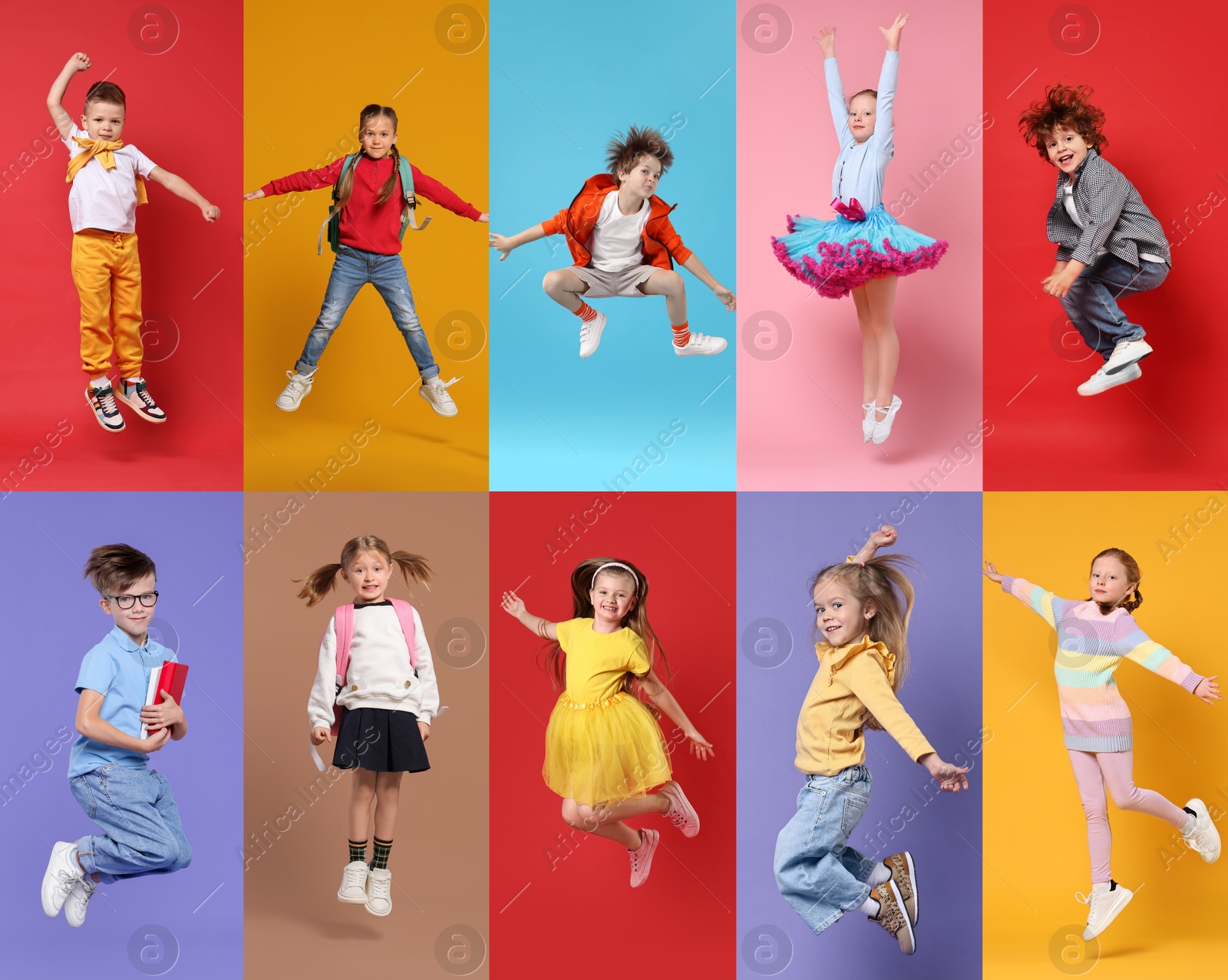 Image of Funny children jumping against colorful backgrounds. Group of girls and boys