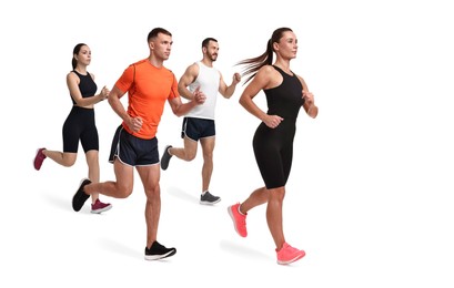 Image of Sporty men and women running on white background
