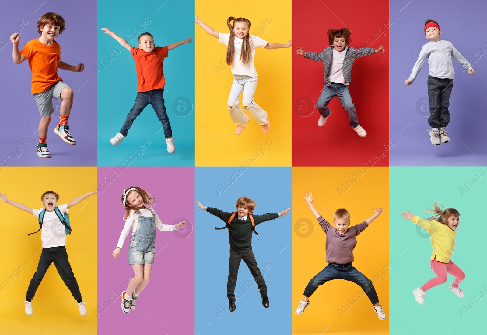 Image of Funny children jumping against colorful backgrounds. Group of girls and boys