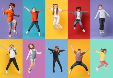 Image of Funny children jumping against colorful backgrounds. Group of girls and boys