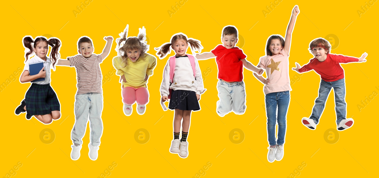 Image of Children jumping against orange background. Group of girls and boys