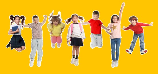 Image of Children jumping against orange background. Group of girls and boys