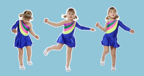 Image of Funny little girl jumping against light blue background. Collage of photos