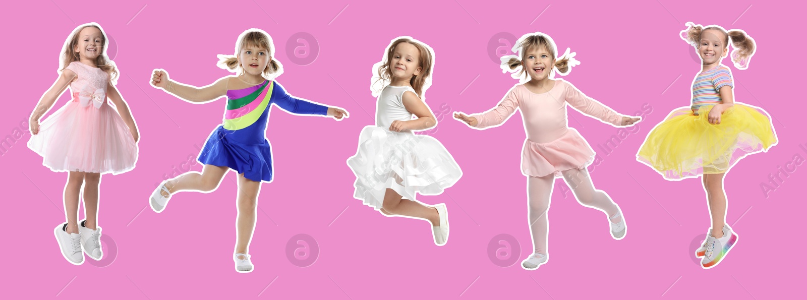 Image of Funny little girls jumping against pink background. Collage of photos