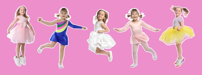 Image of Funny little girls jumping against pink background. Collage of photos