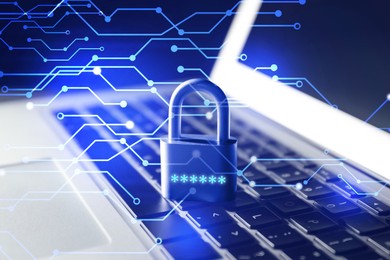 Image of Padlock with digital password asterisks on laptop and circuit board pattern. Cyber security