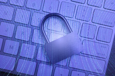 Image of Padlock on computer keyboard and programming code, toned in blue. Cyber security