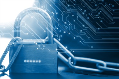 Image of Padlock with digital password asterisks and chain on laptop, toned in blue. Circuit board pattern. Cyber security