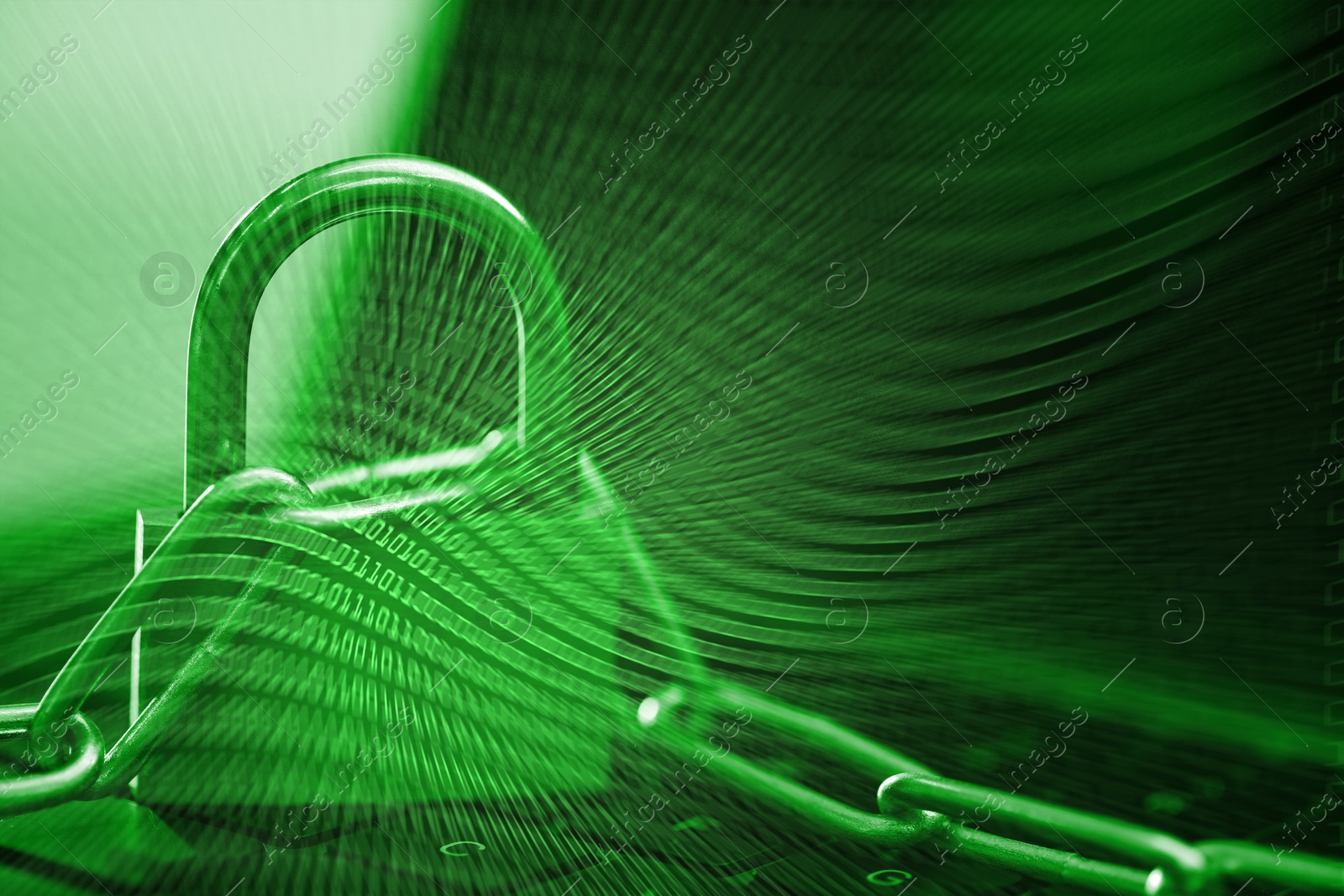 Padlock with chain on laptop and binary code, toned in green. Cyber security Image of Padlock with chain on laptop and binary code, toned in green. Cyber security