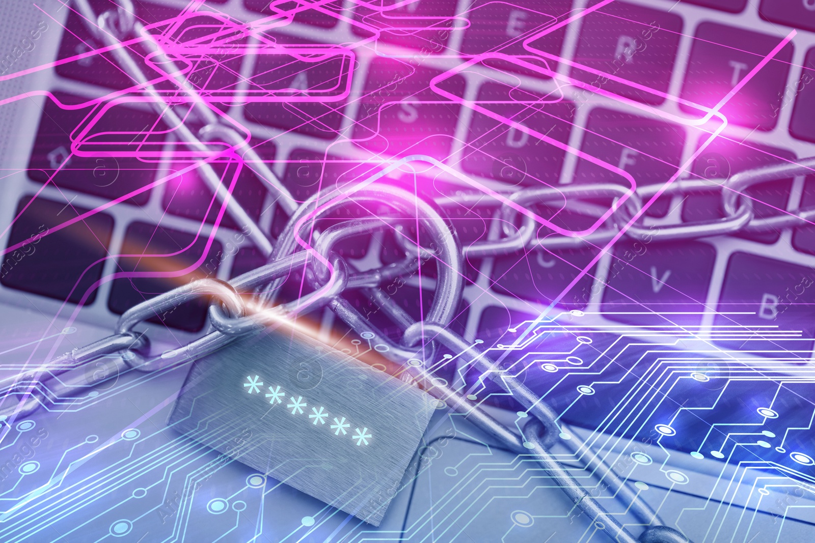 Padlock with digital password asterisks and chain on laptop, color toned. Circuit board pattern. Cyber security Image of Padlock with digital password asterisks and chain on laptop, color toned. Circuit board pattern. Cyber security