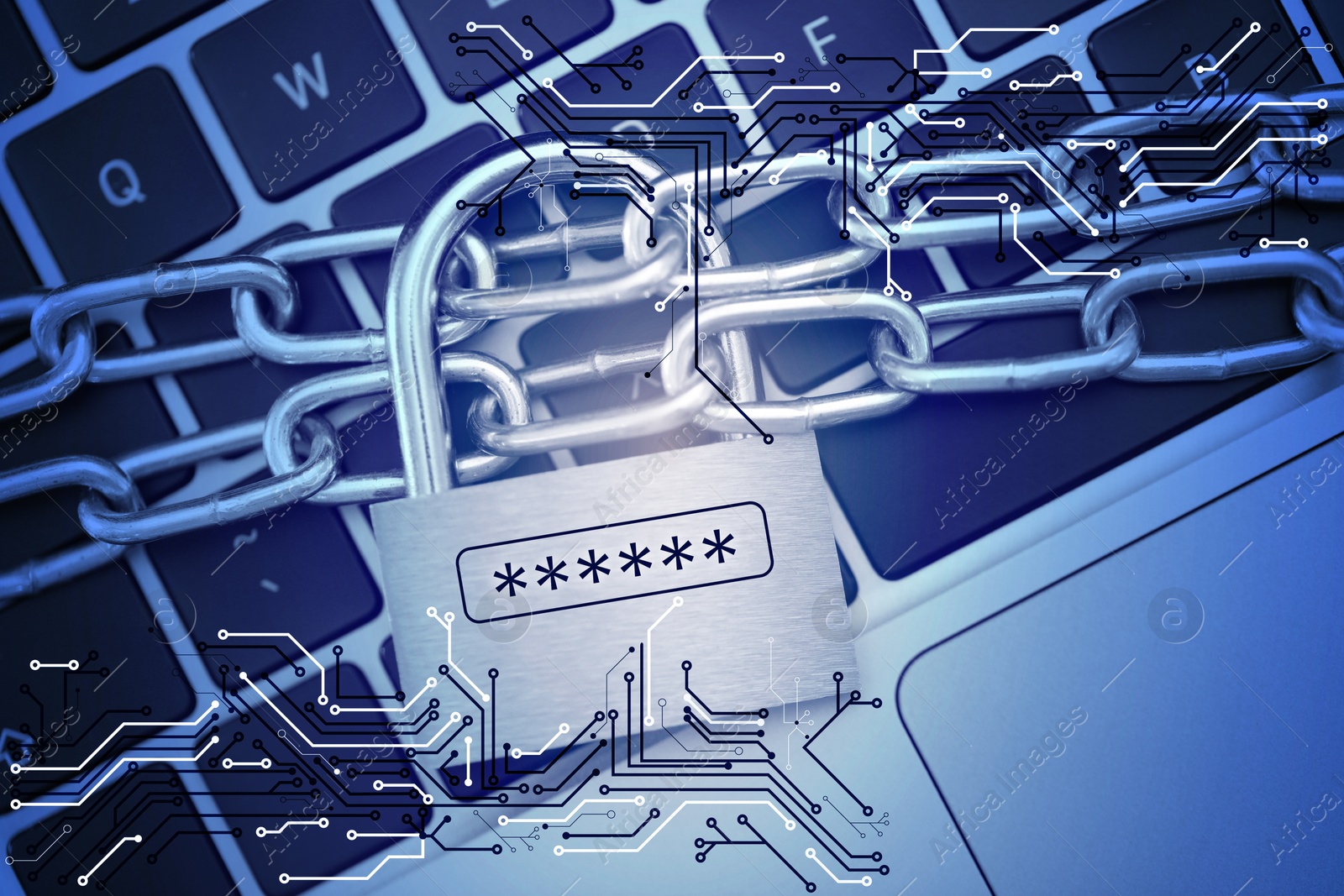 Image of Padlock with digital password asterisks and chain on laptop, toned in blue. Circuit board pattern. Cyber security