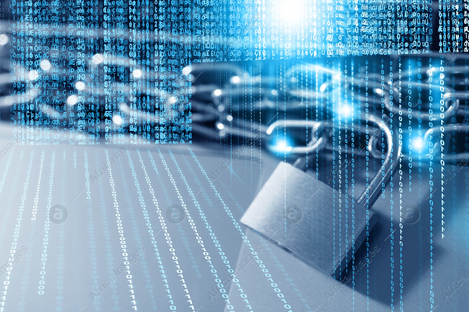 Image of Padlock with chain on laptop, toned in blue. Programming codes. Cyber security