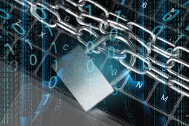 Image of Padlock with chain on laptop, top view. Binary code. Cyber security