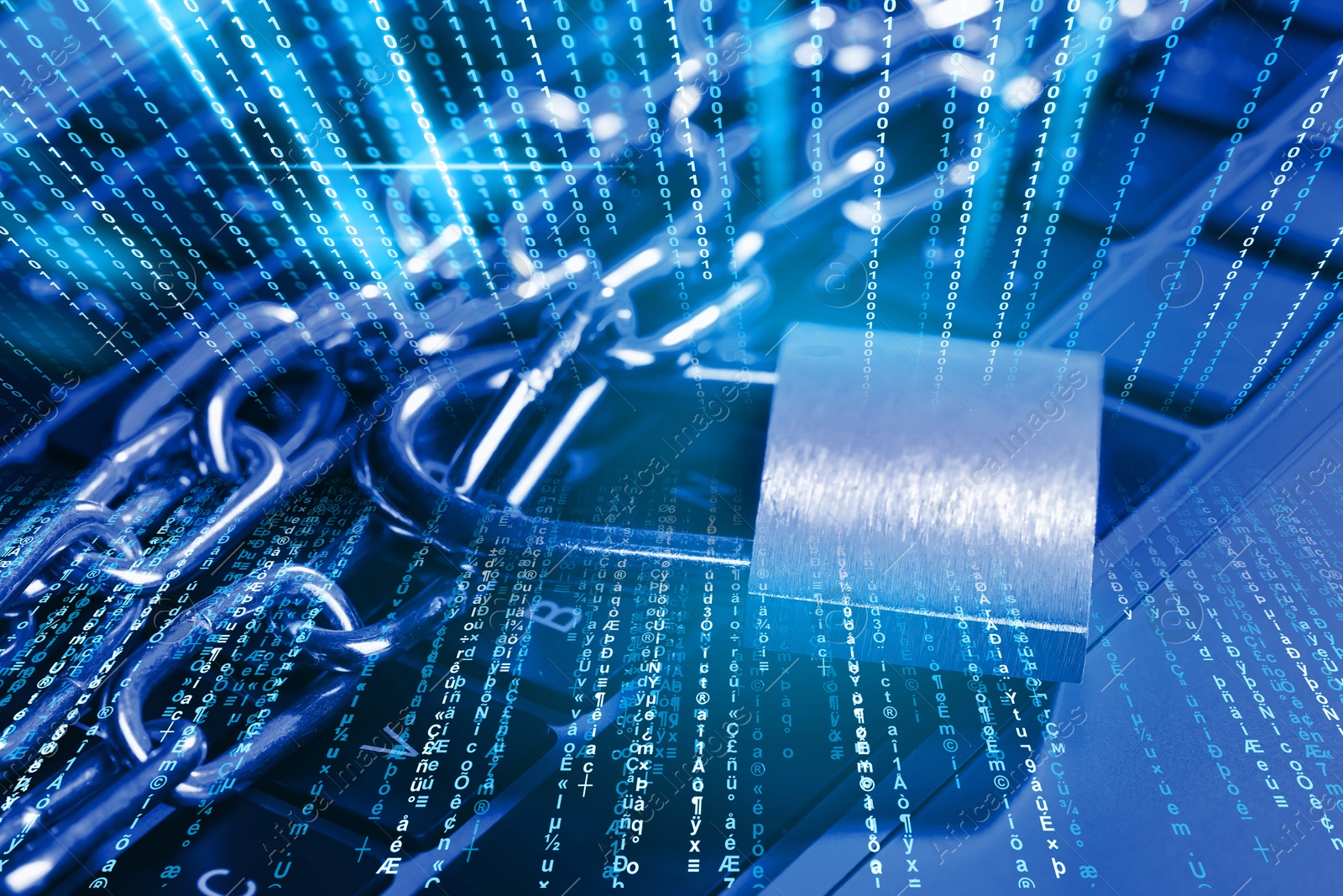 Image of Padlock with chain on laptop, toned in blue. Programming codes. Cyber security