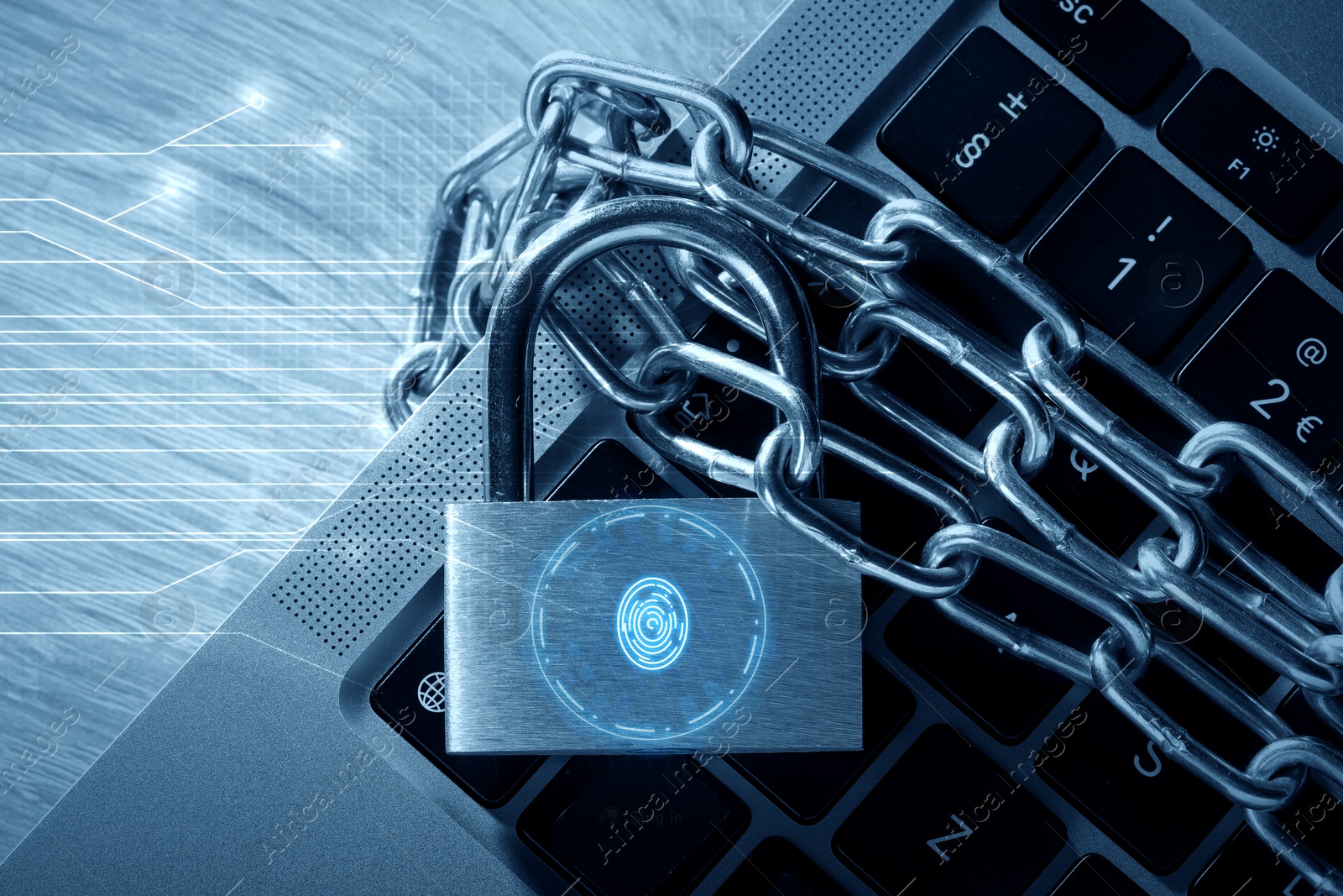 Image of Padlock with digital fingerprint scan and chain on laptop, toned in blue. Circuit board pattern. Cyber security
