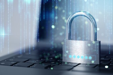Image of Padlock with digital password asterisks on laptop, bokeh effect. Binary code. Cyber security