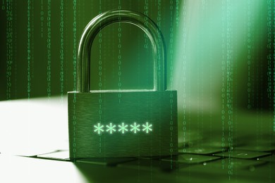 Image of Padlock with digital password asterisks on laptop, toned in green. Binary code. Cyber security