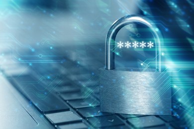 Image of Padlock on laptop, closeup. Circuit board pattern and password asterisks. Cyber security