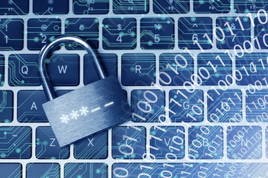 Image of Padlock with digital password asterisks on laptop, toned in blue. Circuit board pattern and binary code. Cyber security
