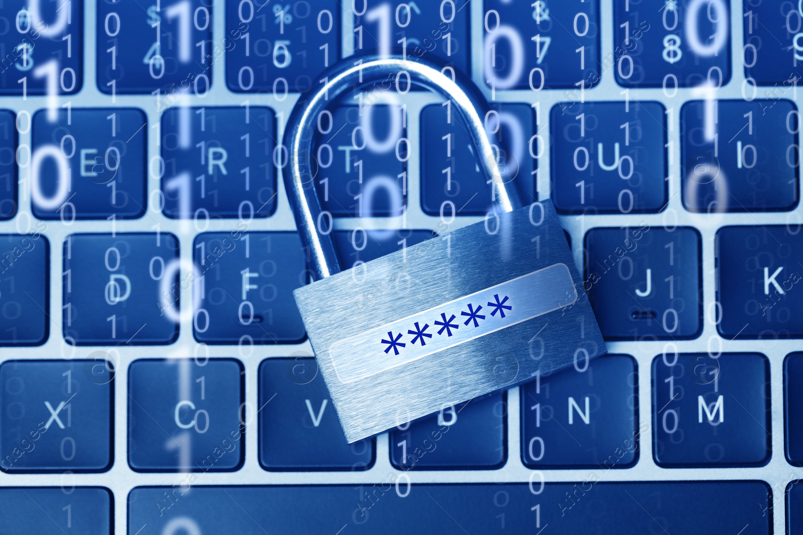 Image of Padlock with digital password asterisks on laptop, toned in blue. Binary code. Cyber security