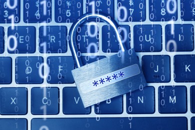 Image of Padlock with digital password asterisks on laptop, toned in blue. Binary code. Cyber security