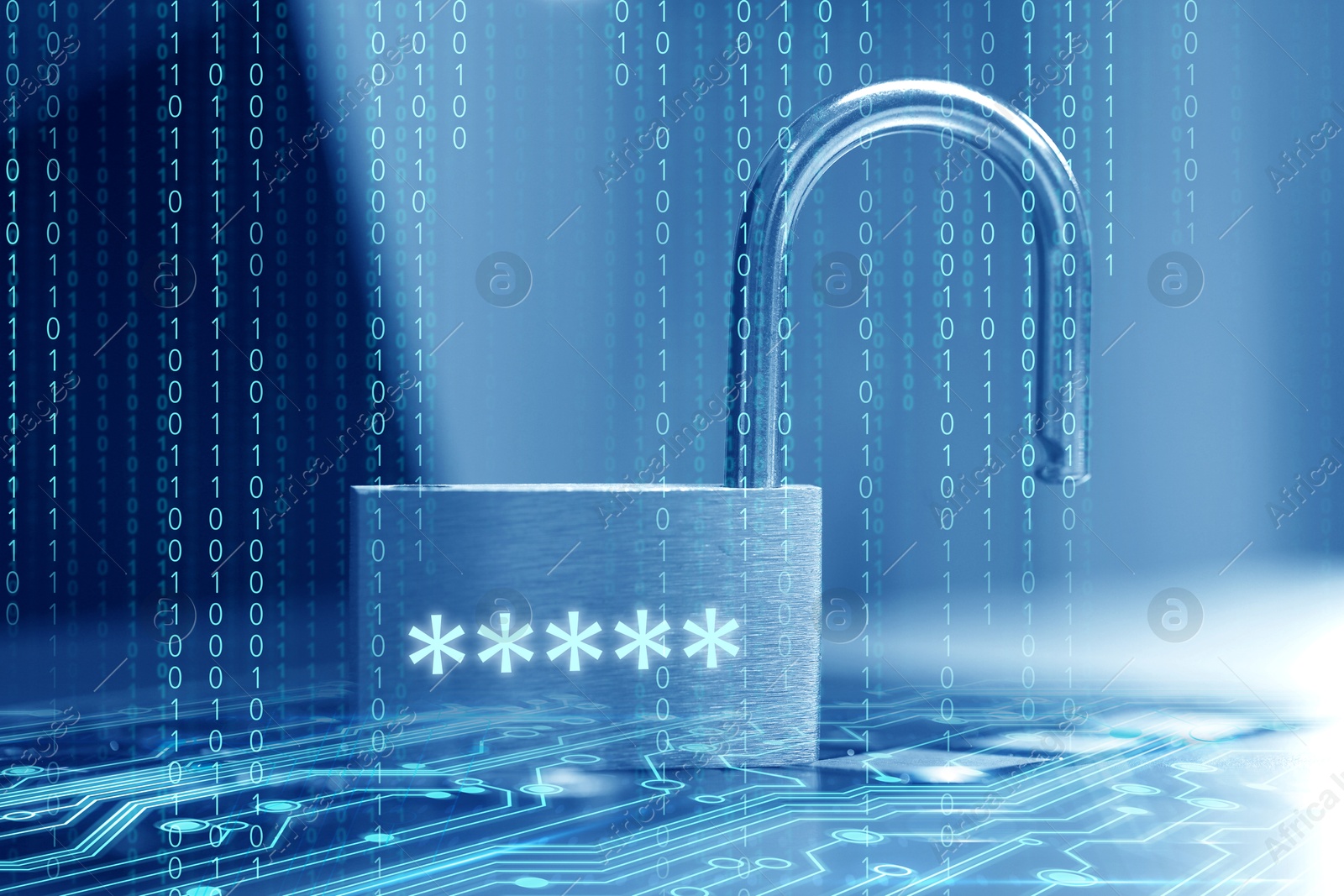 Image of Padlock with digital password asterisks on laptop, toned in blue. Circuit board pattern and binary code. Cyber security
