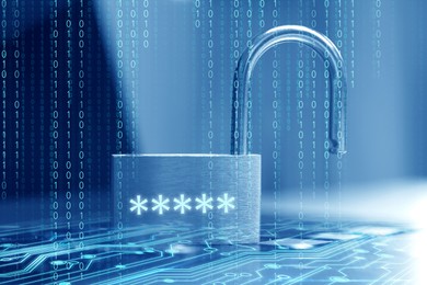 Image of Padlock with digital password asterisks on laptop, toned in blue. Circuit board pattern and binary code. Cyber security
