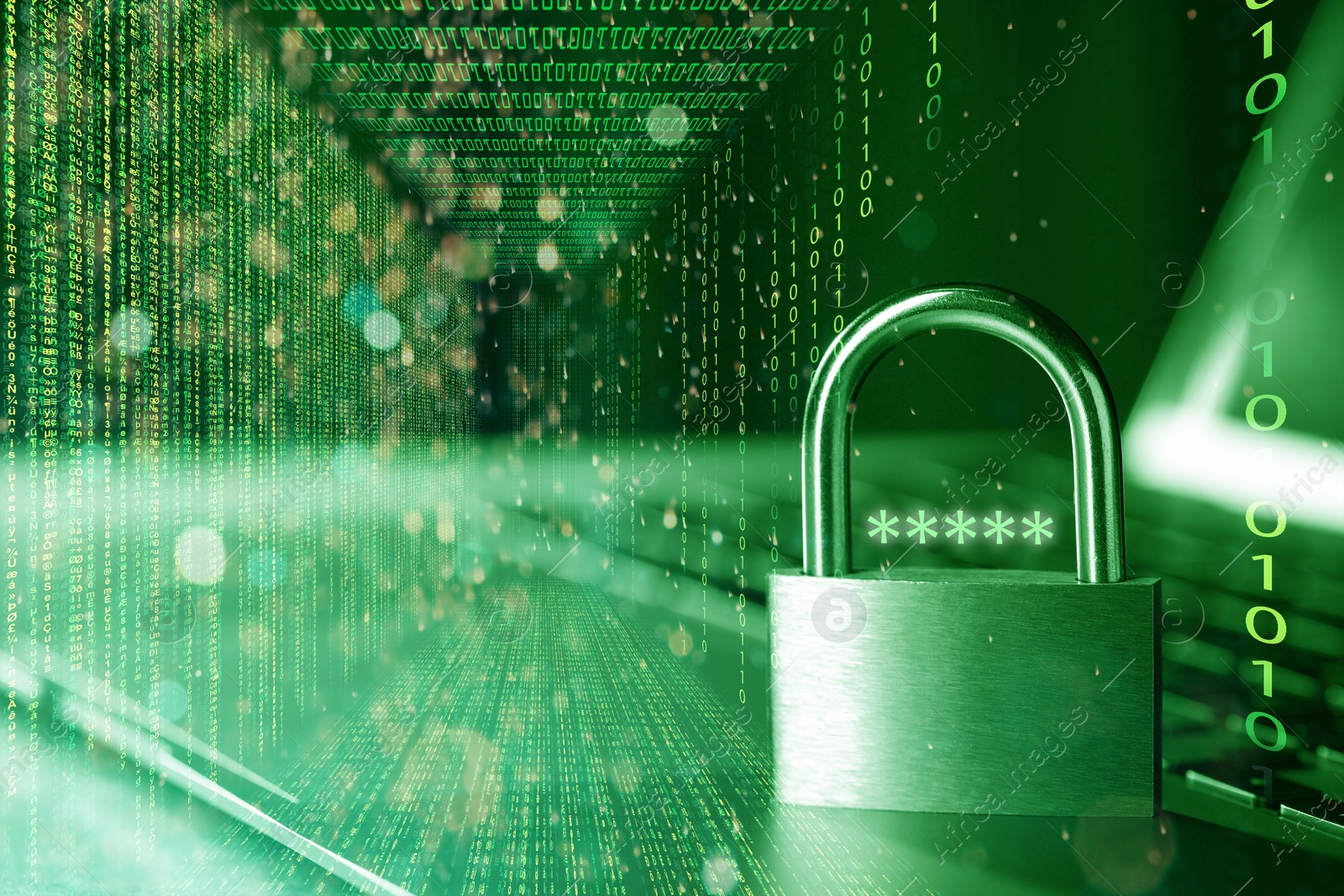 Image of Padlock with digital password asterisks on laptop, toned in green. Programming codes. Cyber security