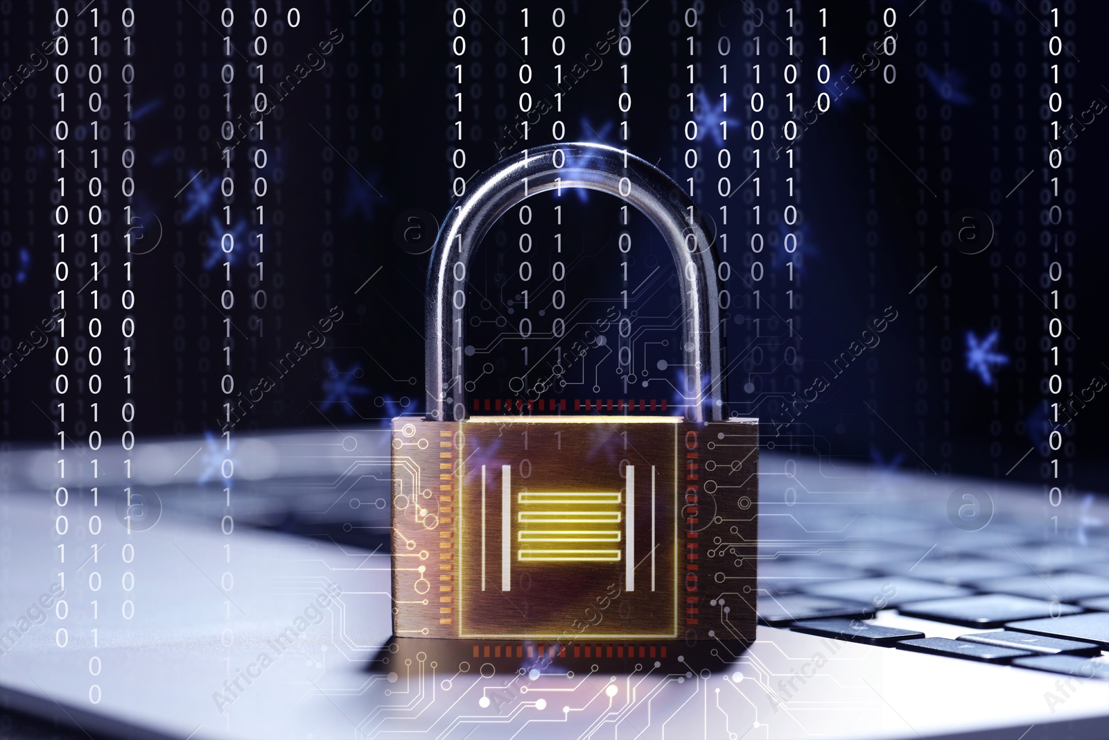 Image of Padlock with digital fingerprint scan on laptop, closeup. Circuit board pattern and binary code. Cyber security