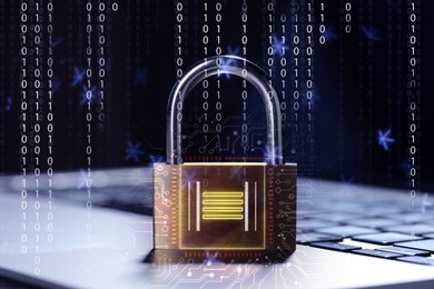Image of Padlock with digital fingerprint scan on laptop, closeup. Circuit board pattern and binary code. Cyber security