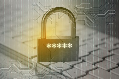 Image of Padlock with digital password asterisks on computer keyboard, closeup. Circuit board pattern and binary code. Cyber security