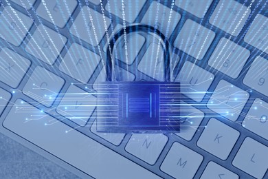 Image of Padlock with digital fingerprint scan on computer keyboard, toned in blue. Circuit board pattern and binary code. Cyber security