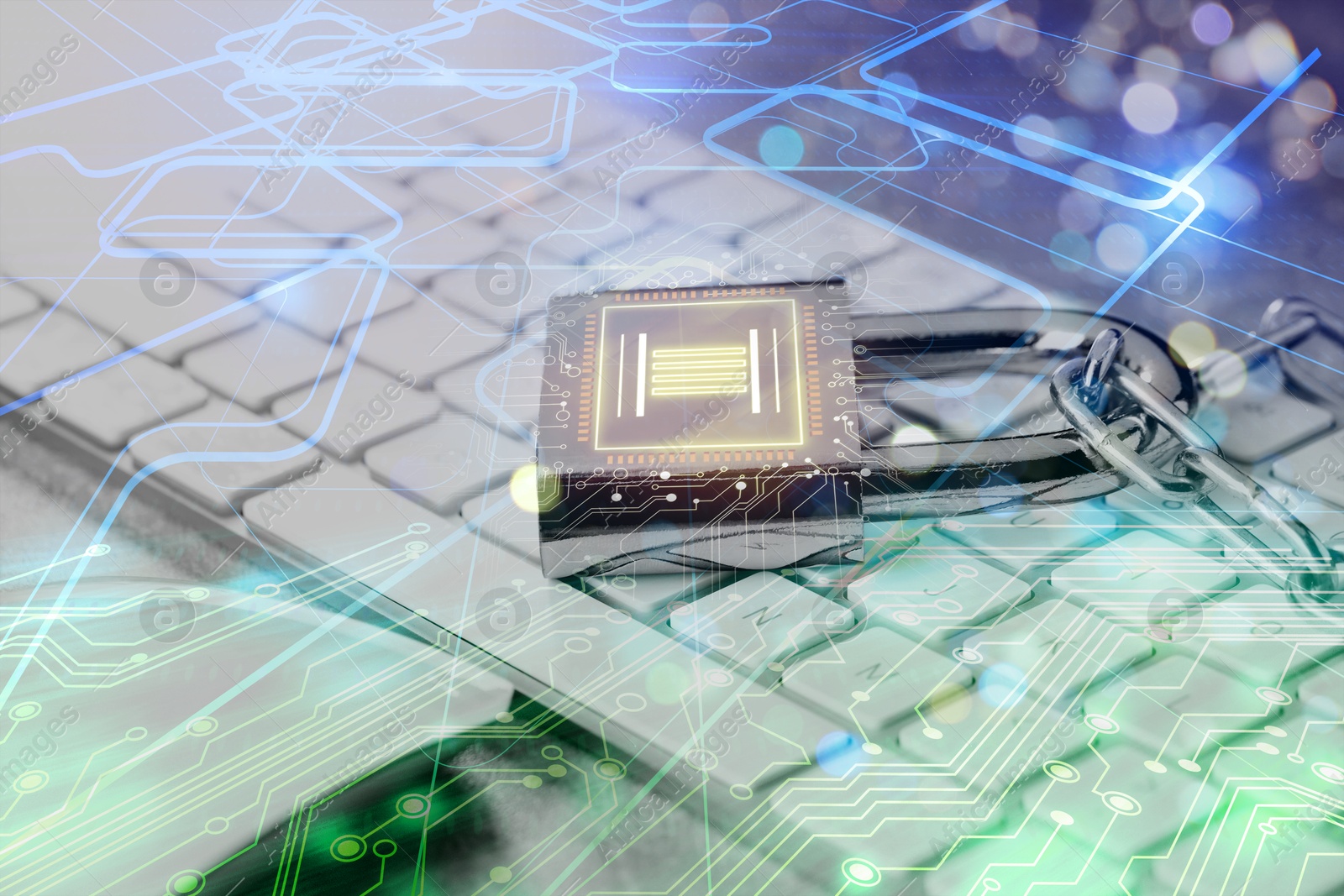 Image of Padlock with digital fingerprint scan and chain on computer keyboard, color toned. Circuit board pattern. Cyber security