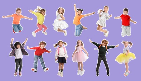 Image of Children jumping against violet background. Group of girls and boys