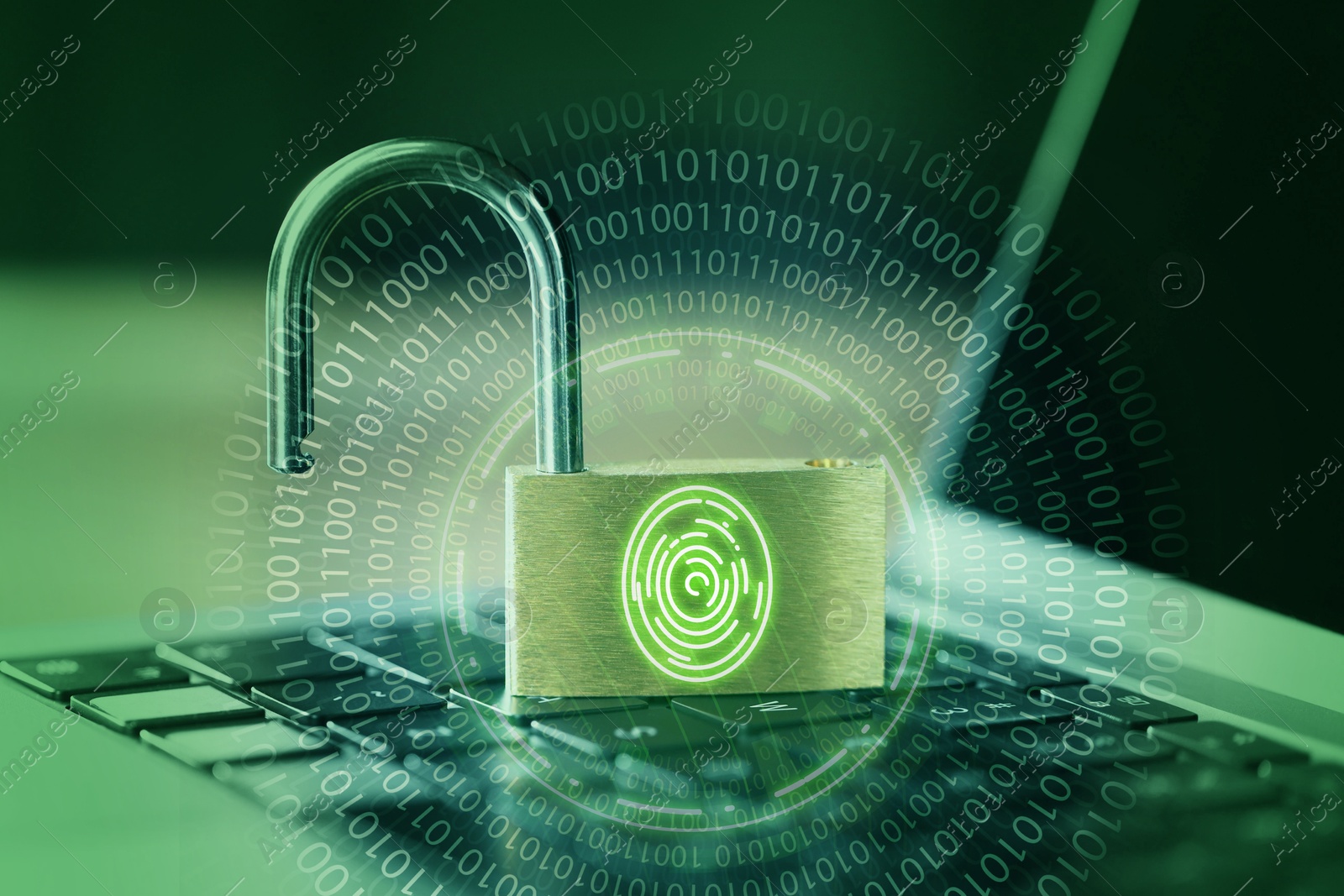 Image of Open padlock with digital fingerprint scan on laptop, toned in green. Binary code. Cyber security